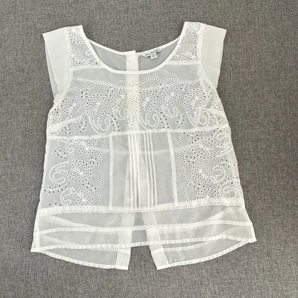 American Eagle Outfitters Sheer Top White Embroidered Paisley Cap Sleeve Pre-Own - Picture 1 of 9